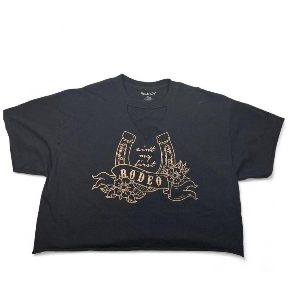 Popular Girl Black Cropped‎ Tee Womens XL Ain't My First Rodeo Graphic Cutout